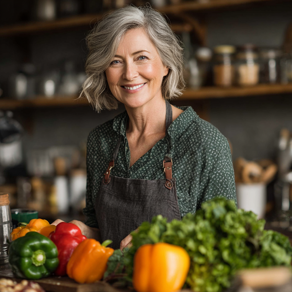 Confident mature woman in her 50s preparing fresh healthy vegetables in a modern kitchen, smiling while holding colorful bell peppers and leafy greens