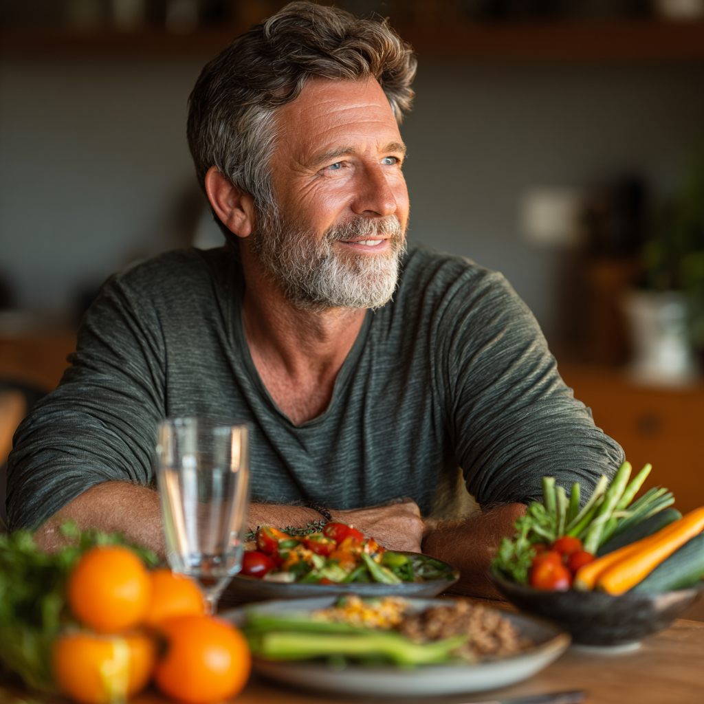 Healthy mature man in his 40s sitting at a dining table with a colorful balanced meal, showing satisfaction and contentment while eating fresh vegetables and grains